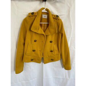 Women's Mustard Yellow Peacoat Jacket Size S Double-Breasted Wool Blend
